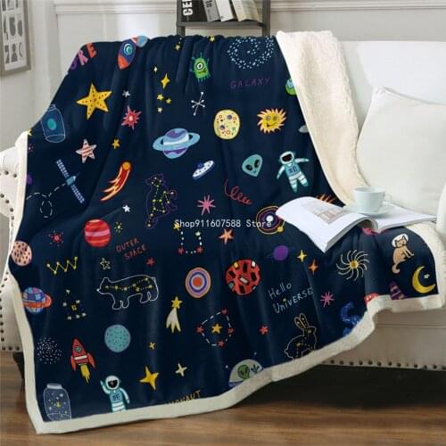Cartoon Universe Rocket Ship Bed Blanket Blue Sherpa Fleece Throw Kids Outer Space Bedding Astronauts Planets Stars Cobertor