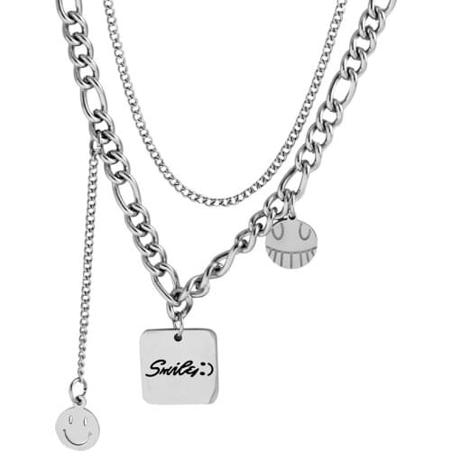 316L stainless steel European and American trend personality double necklace smiling face square brandchoker collarbone chain