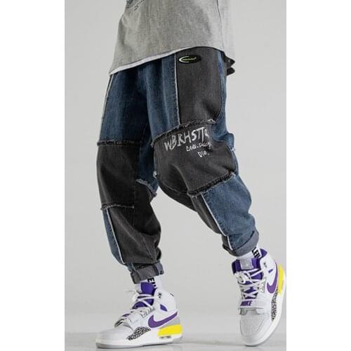 April MOMO 2021 Men Patchwork Hip Hop Denim Jeans Pants Trousers Hombre Male Casual Fashion Loose Style Pencil Cargo Pants Men