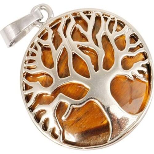 FYJS Trendy Silver Plated Tree of Life Round Shape Pendant with Natural Tiger Eye Stone Jewelry
