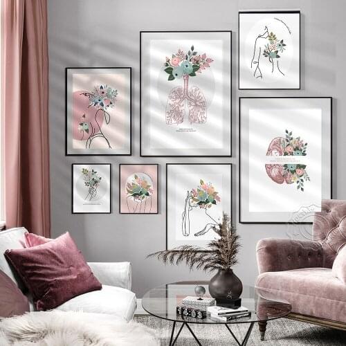 Mankind Organ Flower Art Poster, Simple Human Body Line Canvas Painting, Modern Fresh Home Flower Decor Wall Picture, Wall Art