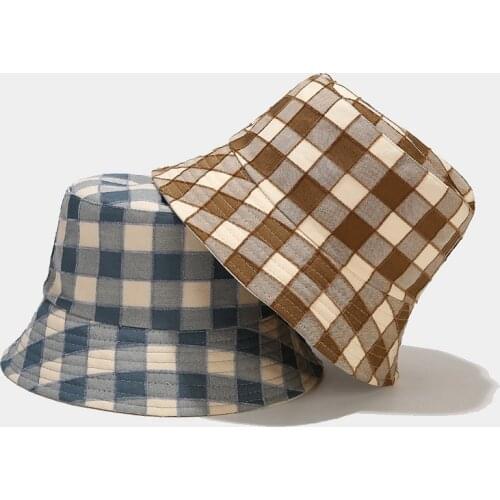 New Literary Plaid Leisure Outdoor Beach Cap Sun Protection Hat Travel Mens Summer Fisherman Hat Reversible Unisex Panama Cap