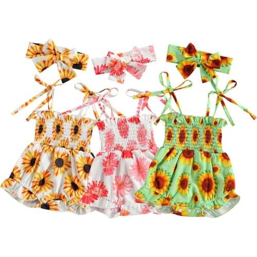 0-18M Newborn Infant Baby Girl Sling Sleeveless Romper Floral Pirnt Playsuits Bownot Headband 2pcs Outfits Summer Clothing