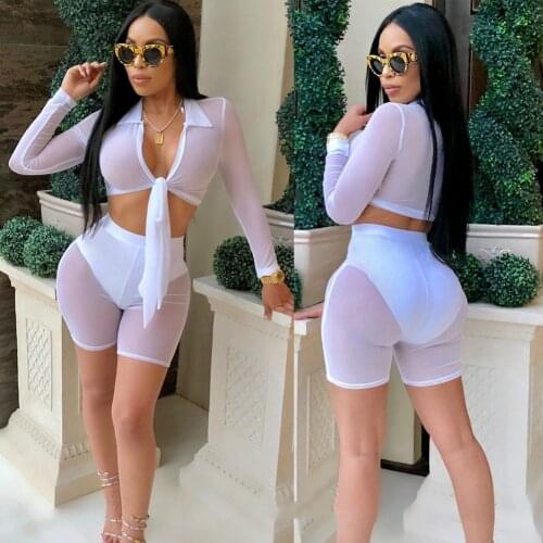 Two Piece Set Women Summer Clothes Mesh Sheer Long Sleeve V Neck Crop Tops + Shorts Set Beach Club Sexy Wear