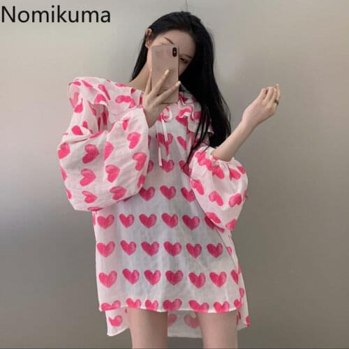 Nomikuma Korean Love Heart Printed Chiffon Blouse Shirt Causal Lantern Sleeve Peter Pan Collar Oversized Women Top Blusas 6F182