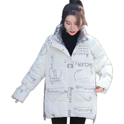 New 2021No Wash Glossy Down Cotton Clothes Female Outerwear Stand-Up Collar Loose Thicken Letter Printing Womens Padded Jacket