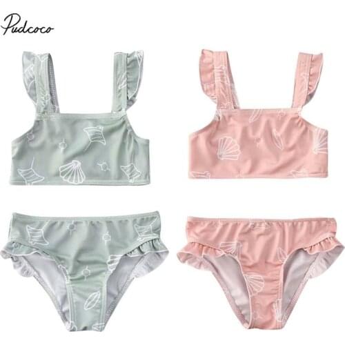 2020 Summer Swimsuit 2PCS Set Kids Baby Girls Ruffle Bikini Set Swimwear Swimsuit Shell Print Bathing Suit