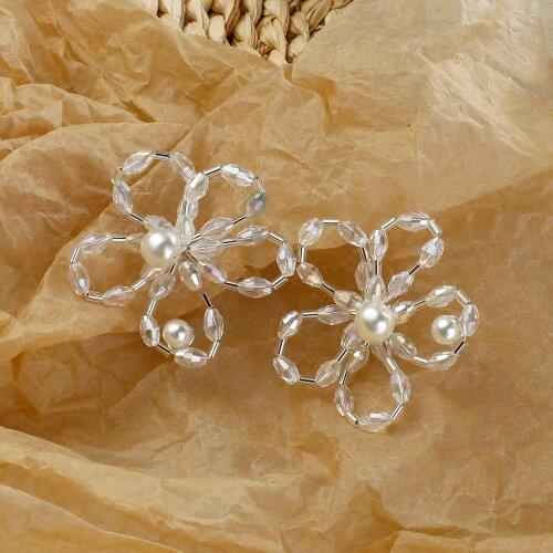 Lifefontier Korean Transparent Crystal Beads Braid Flower Stud Earrings For Women Girls Elegant Pearl Earrings Wedding Jewelry