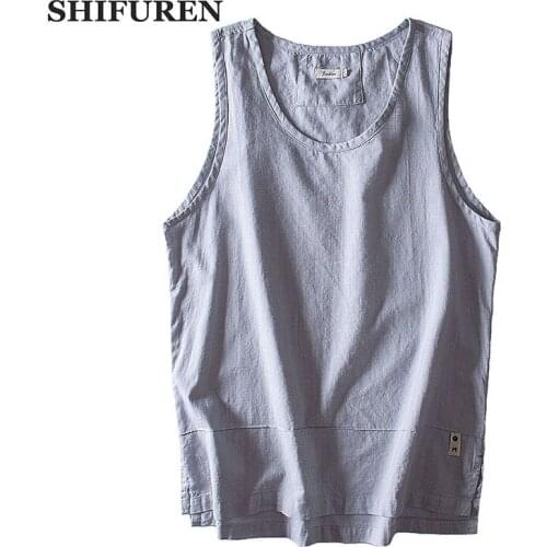 SHIFUREN New Summer Men Cotton Linen Tank Tops Thin Breathable Sleeveless Shirts Male Causal Tees Solid Color Asian Size M-3XL