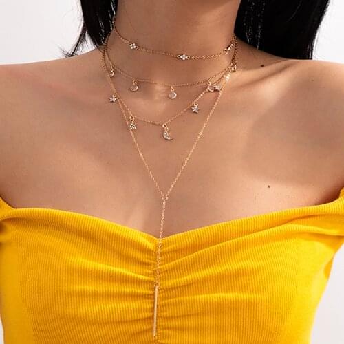 Multilayer Fashion Crystal Star Moon Gold Pendant Necklace Women 2021 Bohemian Retro Simple Creativity Necklaces Girl Jewelry