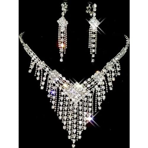 Trendy Female White Crystal Jewelry Set Charm Silver Color Tassel Dangle Earring For Women Cute Zircon Wedding Chain Necklace