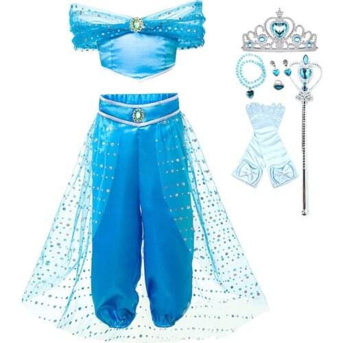 Jasmine Dress for Girl Carnival Aladdins Lamp Fancy Costume Summer Kids Midriff Clothes Children Haloween Birthday Party Frocks