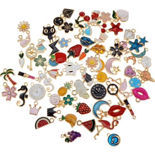 60pcs Mixed Enamel Animal Charms Star Flower Fruit Shape Pendant Pink Blue red pink black green Flower Lip Cherry tree pineapple