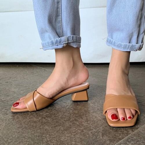 Slides Women 2021 Summer New Fashion Solid Open Toe Med Block Heels Mules Handmade High Quality Beige Khaki Shoes Plus Size 43
