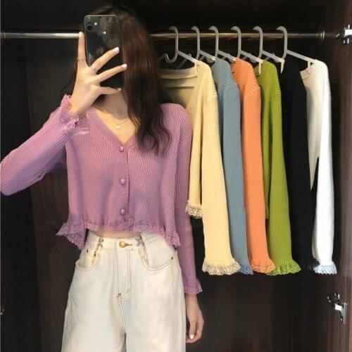 Spring Autumn 2020 New Womens Fashion Loose Lace Knitted V-Neck Solid Color Women Cardigan With Button Long Sleeve Short Top