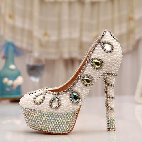 14cm High Heel Rhinestone Platform Bridal Dress White Pearl Wedding Dress Shoes AB Crystal Heel Pumps Party Prom Shoes