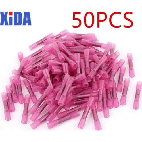 50pcs Red 22-18 AWG 0.5-1.5mm Heat Shrink Butt Cable Wire Crimp Connector Electrical Terminals Quick Connect Connector BHT1.25
