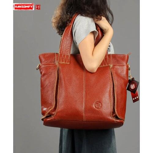 Vintage Genuine Leather Women Handbags Retro Large Capacity Tote Bags Female Shoulder Portable Slung Laptop Bag Fashion