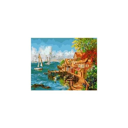 MaHuaf-W606 Harbor View Framed unique landscape DIY Painting By Numbers Art Canvas Painting