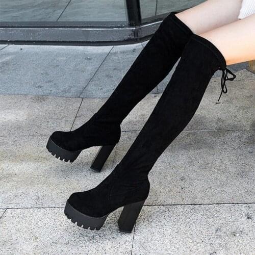 Women Over The Knee Boots Suede Super High Heels Ladies Shoes Autumn Winter Long Boots Lace Up Platform FashionFootwear 2021 New