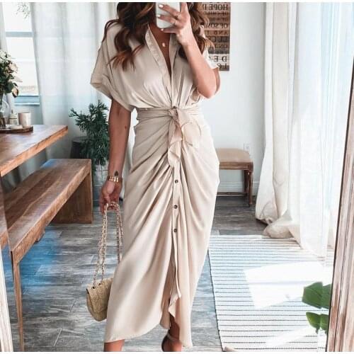 Sashes Summer Dress Woman Long Dresses for Women 2021 Short Sleeve Shirt Dress with Wrap Belt Black Casual Button Solid Sundress