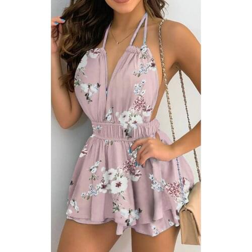 Floral Halter Women Dress Sexy Sundress V-Neck Sleeveless Backless Ruffles Mini Dress Loose Holiday Beach Dress 2021