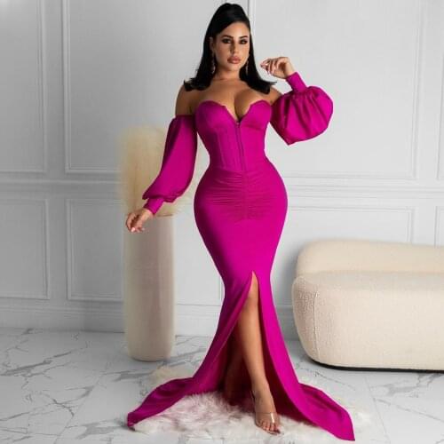 RMSFE 2021 Ladies Long Sleeved Straight Neck Fashion Sexy Elegant Solid Color Waist Mop Evening Dress
