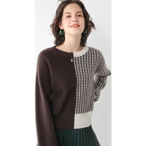 Winter 100% wool hairy knit cashmere sweater thicker warm knit wool tops female Houndstooth loose round-neck sweater F2187