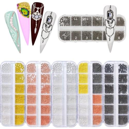 12 Grids/Box Metal Steel Beads(1-3mm) Nail Art Decoration Caviar Studs Silver/Black/Rose Gold/Gray Strass Accessories 3D Charms