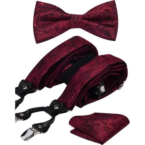 Floral Silk Mens Pre-Tied 6clips Y-Shaped Suspenders Pocket Square Adjustable Bow Tie 3PCS Set Suit Man Wedding Party Gift Box