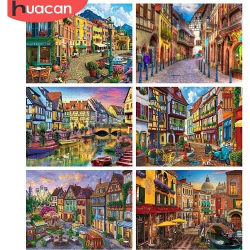 HUACAN Full Square/Round Diamond Painting Landscape Diamond Embroidery Cross Stitch Street Town Rhinestones Mosaic Home Decor