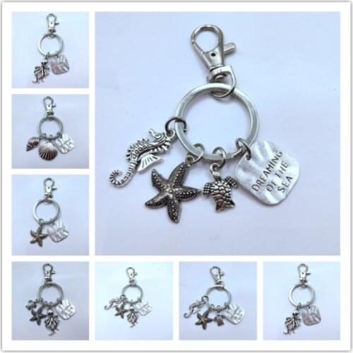 Dreaming Of The Sea Keychains Shells Large lobster silver charm Keychain With Starfish Shell Pendant Sea Turtle Keyring