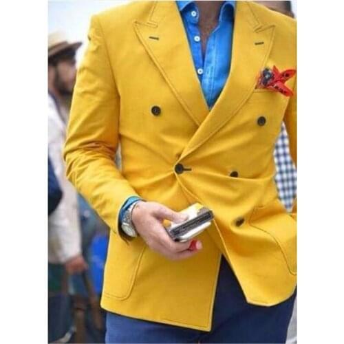 Yellow Double Breasted Mens Formal Suits costume homme Groom Wear Men Wedding Suit Tuxedo Style Prom Tuxedo Coat+Pants