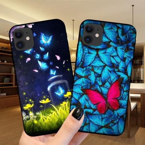 Blue Butterfly Soft TPU Phone Case For iPhone 11 12 Mini Pro Max X XS Max XR 6 6S 7 8 Plus 5S SE 2020 SE2 Silicone Black Cover