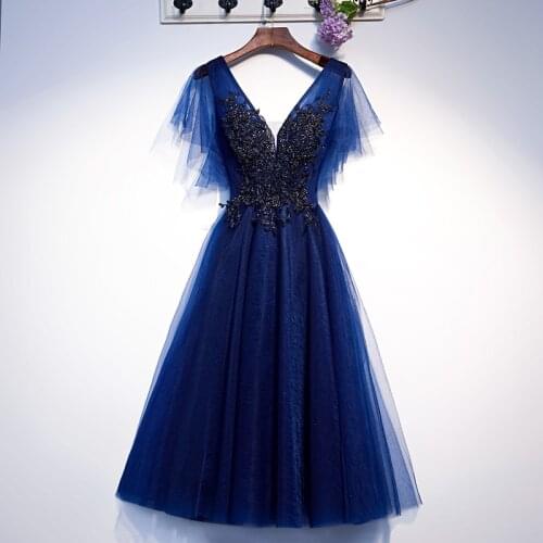 Fancy Blue Prom Dress Tea Length Layers Tulle with Beading V-Neck Short Sleeves Lace-up Back