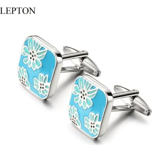 Newest Flower design Enamel Cuff Links Lepton Brand Square Blue Enamel CuffLinks For Mens Shirt Cuffs Cufflink Relojes gemelos