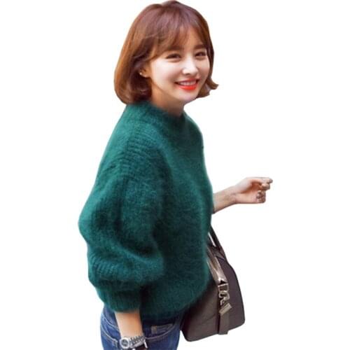 New Autumn Winter Sweater Women half-high Collar long-haired Mink Mohair Thick Loose Lantern Sleeve Pullover Vestidos LXJ181