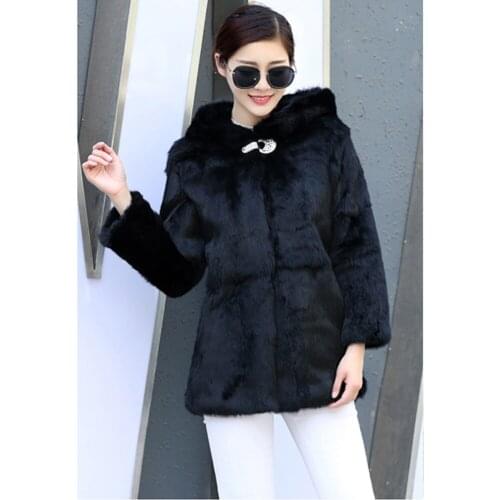 2019 New Arrival Casual Classical Whole Skin 100% Natural Rabbit Fur Coat with fur hood and diamonds decorate buckle ksr239