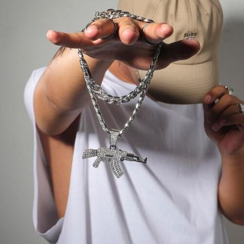 Iced out Rhinestone Machine Gun Necklace Charm Male Collar Shine Jewelry Hip-hop Miami Pendant Necklace Cool Personality Gifts