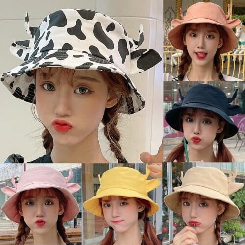 2021 New Unisex Cow Pattern Cotton Bucket Hats Women Summer Panama Hat Men Sunbonnet Fedoras Small Horn Fisherman Hat Beach Cap