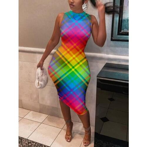Zoctuo Sleeveless Bodycon Dress Sexy Plaid Print Midi Dress For Women Sexy Skinny Colorful O-Neck Party Club Dresses