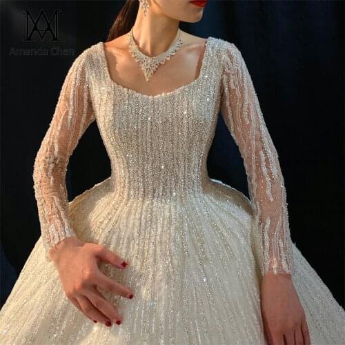 Robes de mariage Long Sleeve Crystal Beading Sparkling Wedding Dress