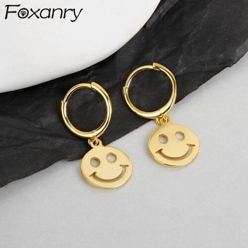 Foxanry Prevent Allergy 925 Sterling Silver Hoop Earrings INS Fashion Simple Couples Hollow Smiley Party Jewelry New Ears Buckle
