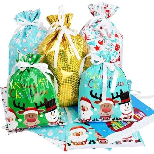 42x29/31x24 cm PVC Drawstring Merry Christmas Santa Claus Gift Bags Large Gold Silver Goods Cookies Candy Packaging Bag 5Pcs