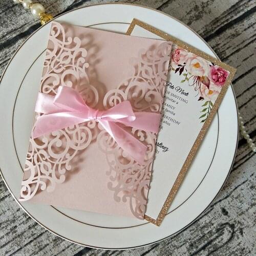 Light Pink Shiny Sweet 15 Birthday Invitations Personalized Print Laser Cut Cards for Wedding Anniversary Party With Ribbon