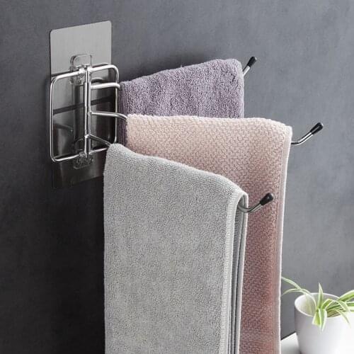 Bathroom Multi-bar Rotating Towel Rack Stainless Steel Towel Hanger Free Perforated Kitchen Rag Holder Shelf