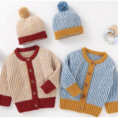 Spring Autumn Toddlers Striped Sweaters Baby Boys Girls Mixed Color Long Sleeve Single-breasted Knitted Outwear + Plush Ball Cap