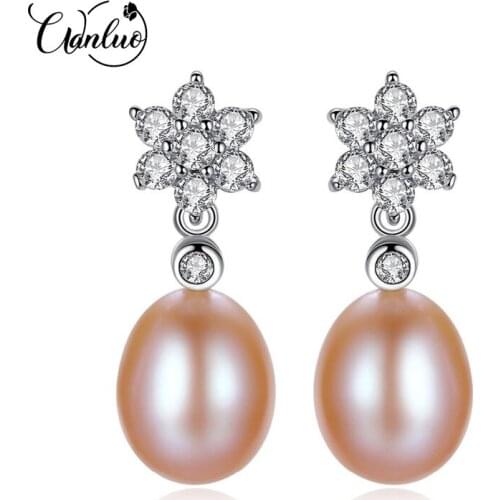 WL 8-9mm Drop Pearl Stud Earrings for Women Girls 925 Sterling Silver Flower White Zircon for Women Jewelry Factory Wholesale