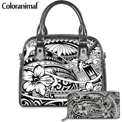 Coloranimal Women 2Pcs Tote Handbag&Wallet Hawaiian Tribal Polynesian Plumeria Printing Female Crossbody Bag PU Leather Bolsa