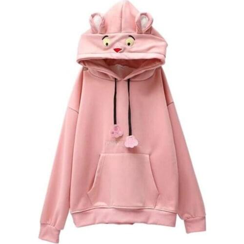 Winter Fleece Female Coat Cute Lion Ears Women Sweatshirt Student Long Sleeve Pullover Pink Loose Hoodie